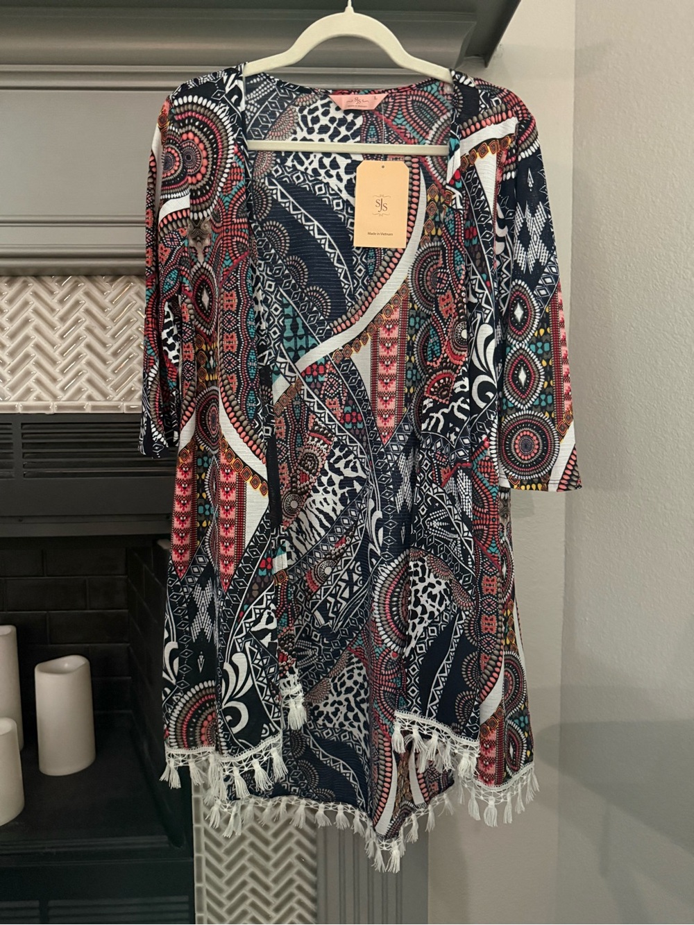 SJS Multicolor Paisley Fringe Hem Long Sleeve Kimono